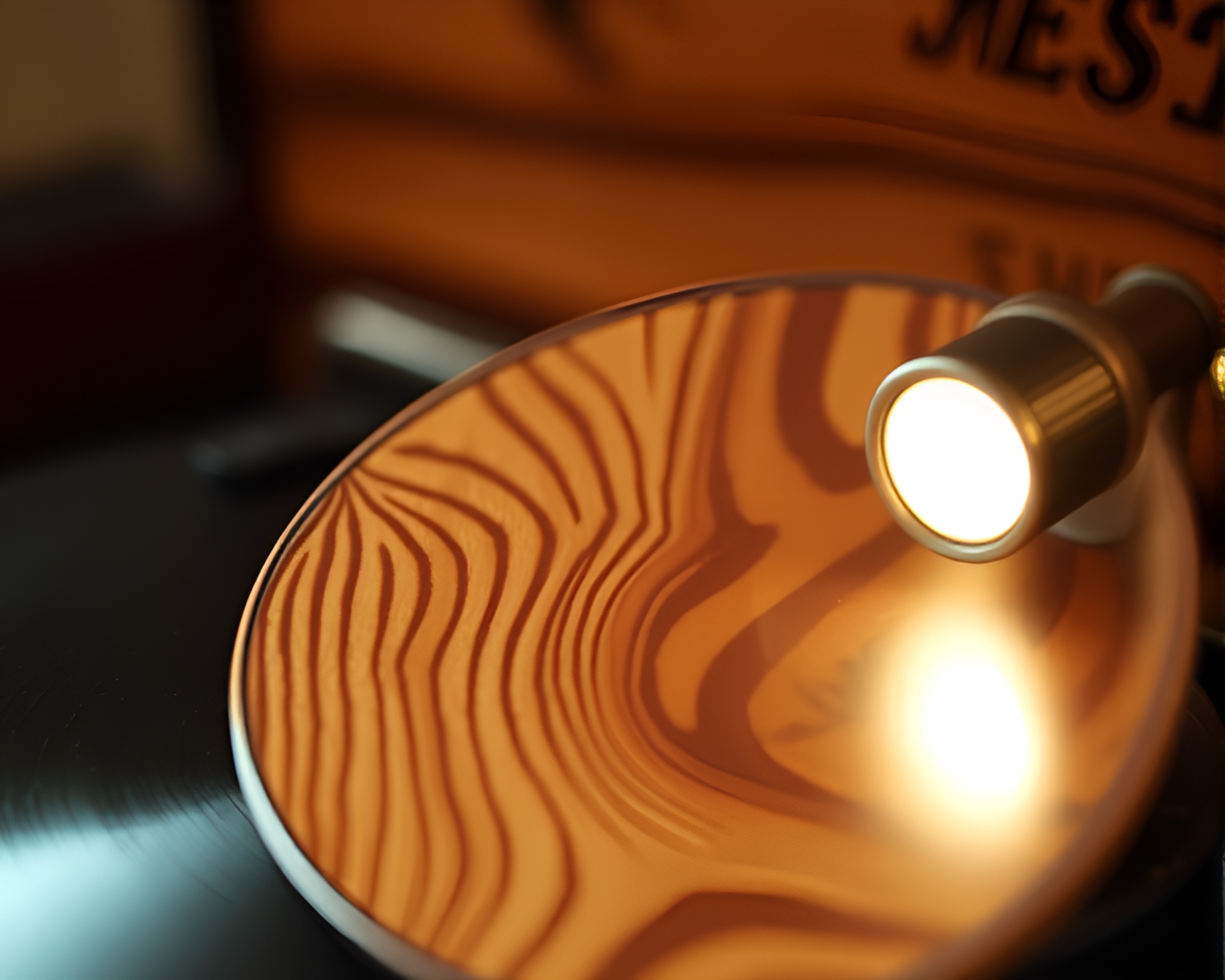Steampunk Gramophone in Wood Grain Spotlight – free AI stock image