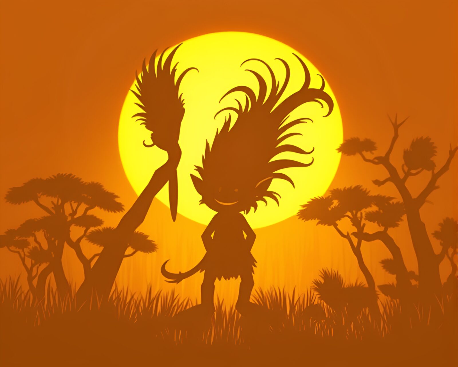Majestic troll standing against golden savannah backdrop in shadow