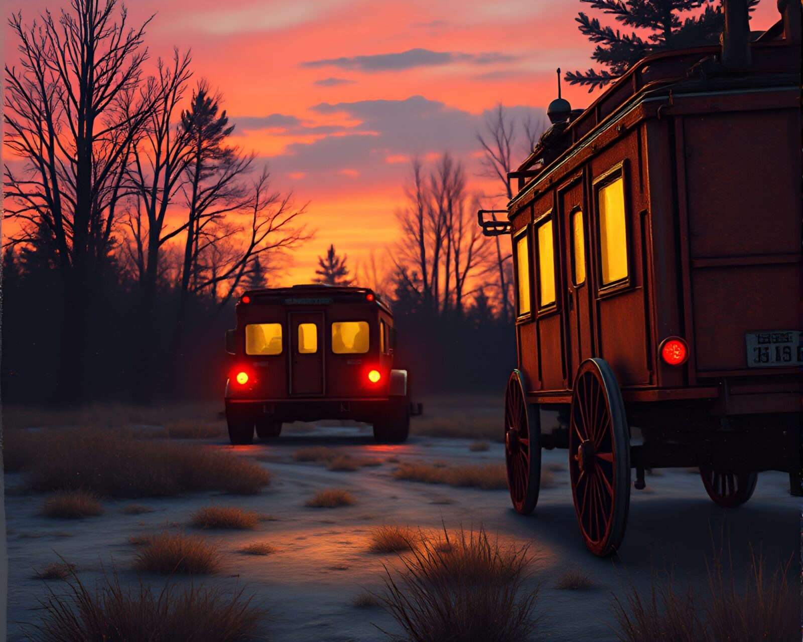 Rust-covered stagecoach under twilight sky in editorial illustration style