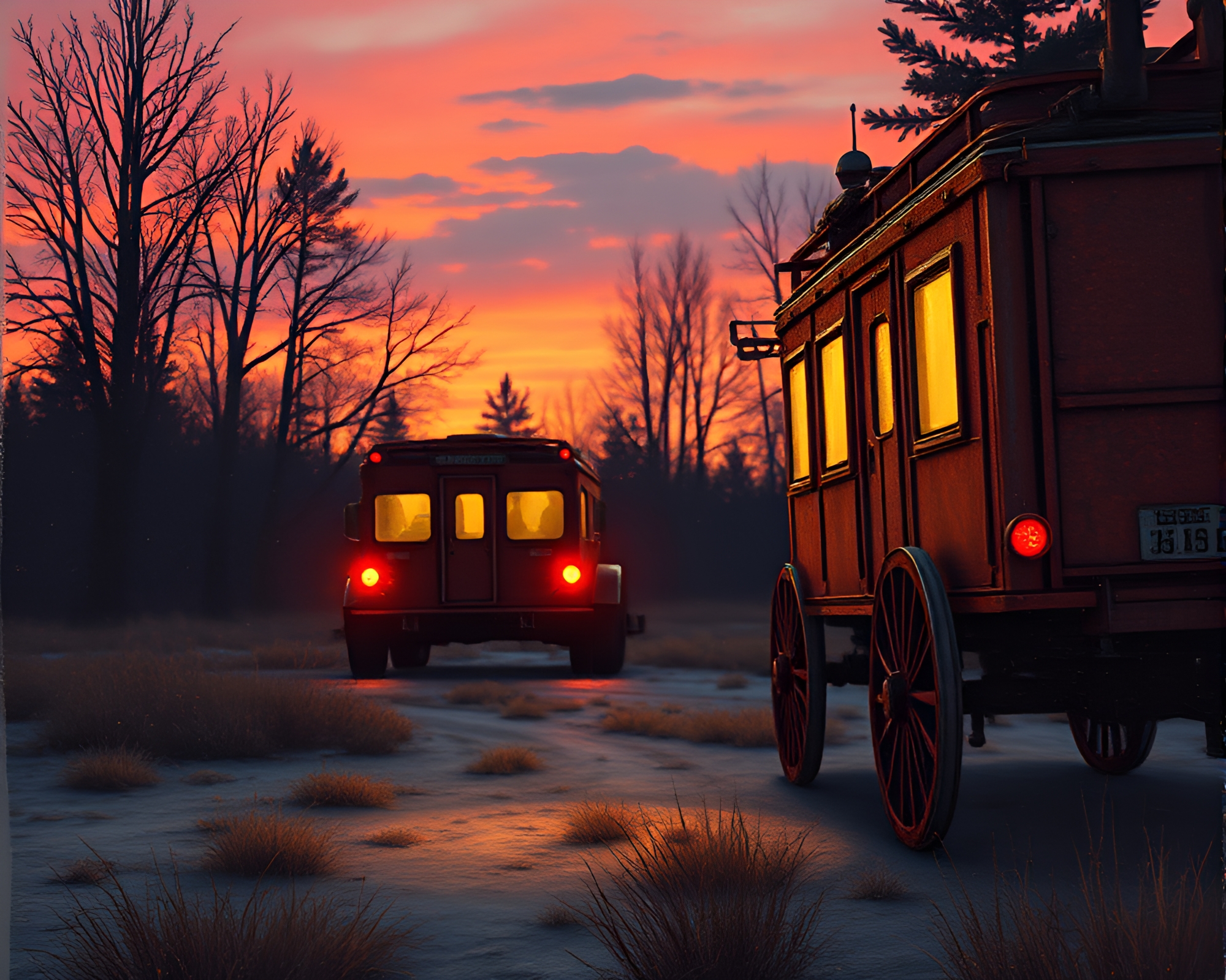 Rustic Stagecoach Journey at Dusk – free AI stock image