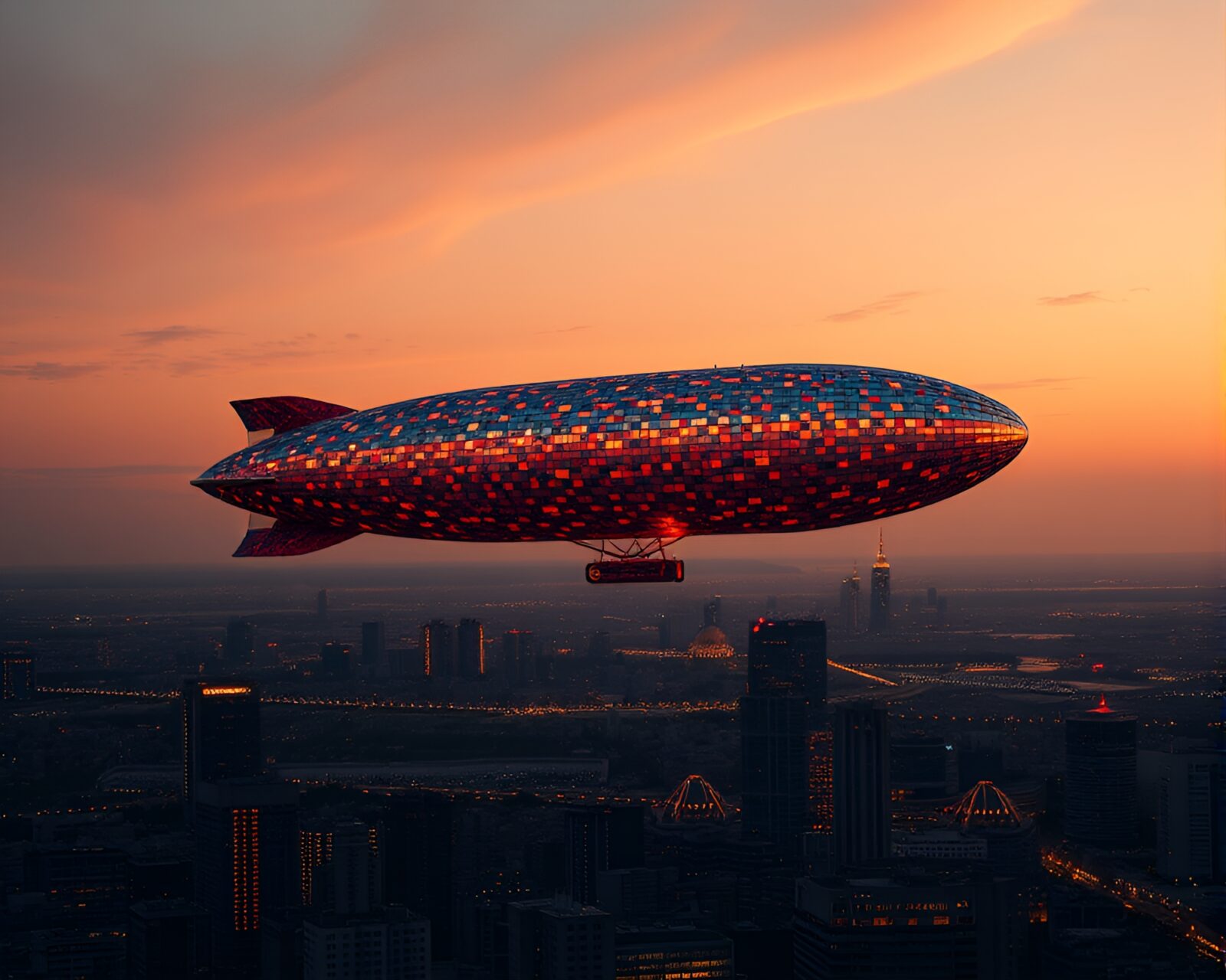 A mesmerizing mosaic Zeppelin glowing in dusk sunlight