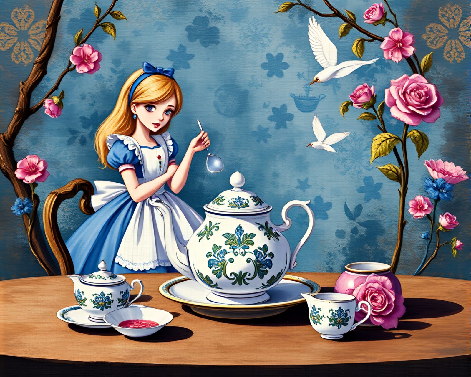 Elegant cobalt blue Alice in Wonderland tea set mural