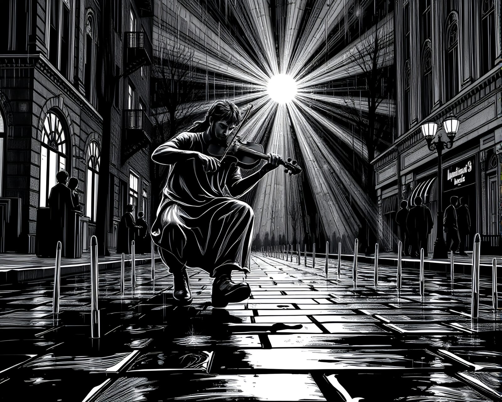 Line art of a violinist standing on wet pavement under sunlight