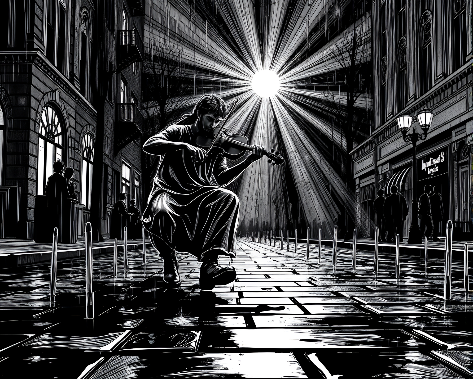 Melancholic Violinist under Ethereal God Rays on Rainy Street – free AI stock image