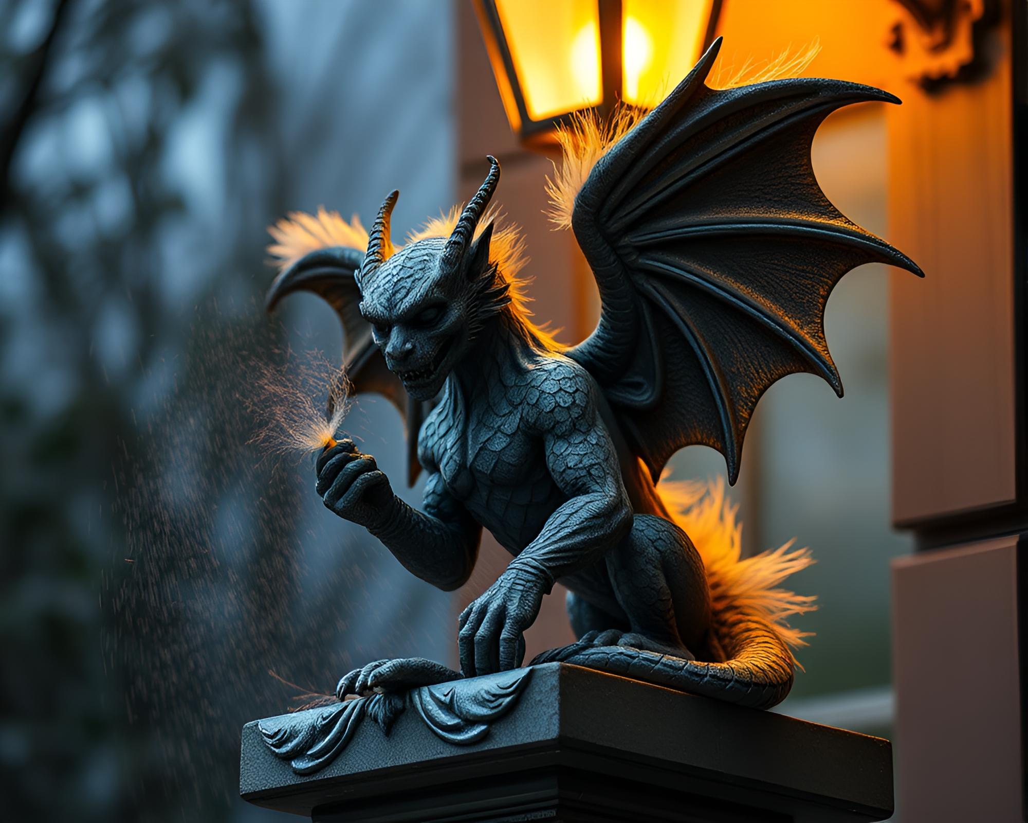 Gargoyle statue draped in feather dusters on warm porch – free AI stock image