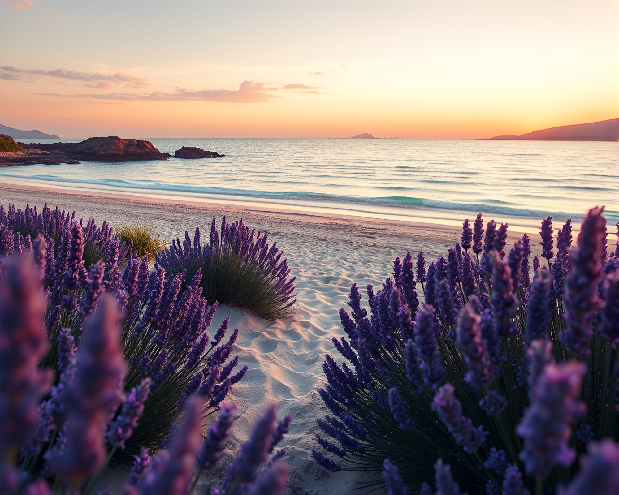 Lavender Twilight Over Summer Beach in Wireframe Render – free AI stock image