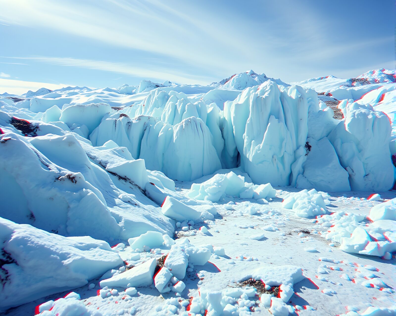 Stereoscopic 3D depiction of a glacier with overlapping textures