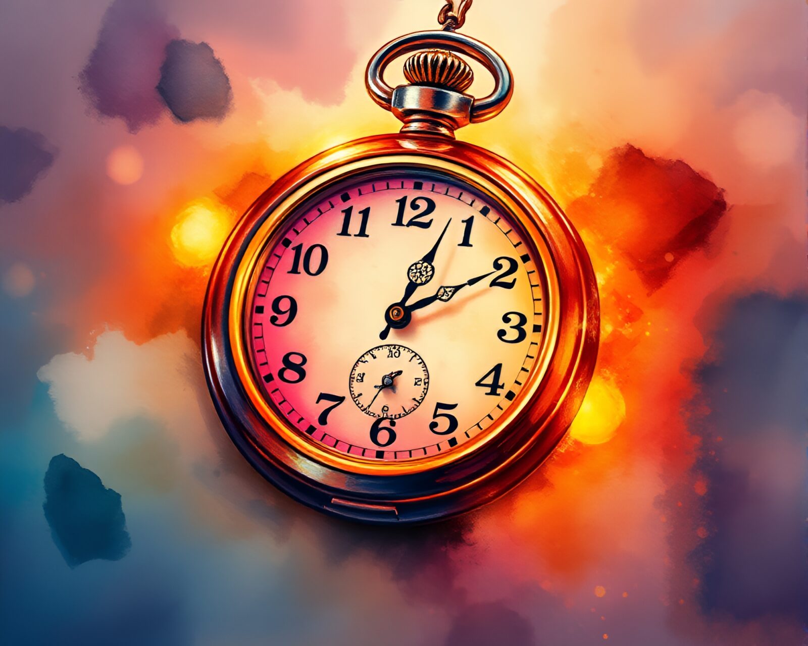 A mystical watercolor painting of wildlife with glowing pocket watch