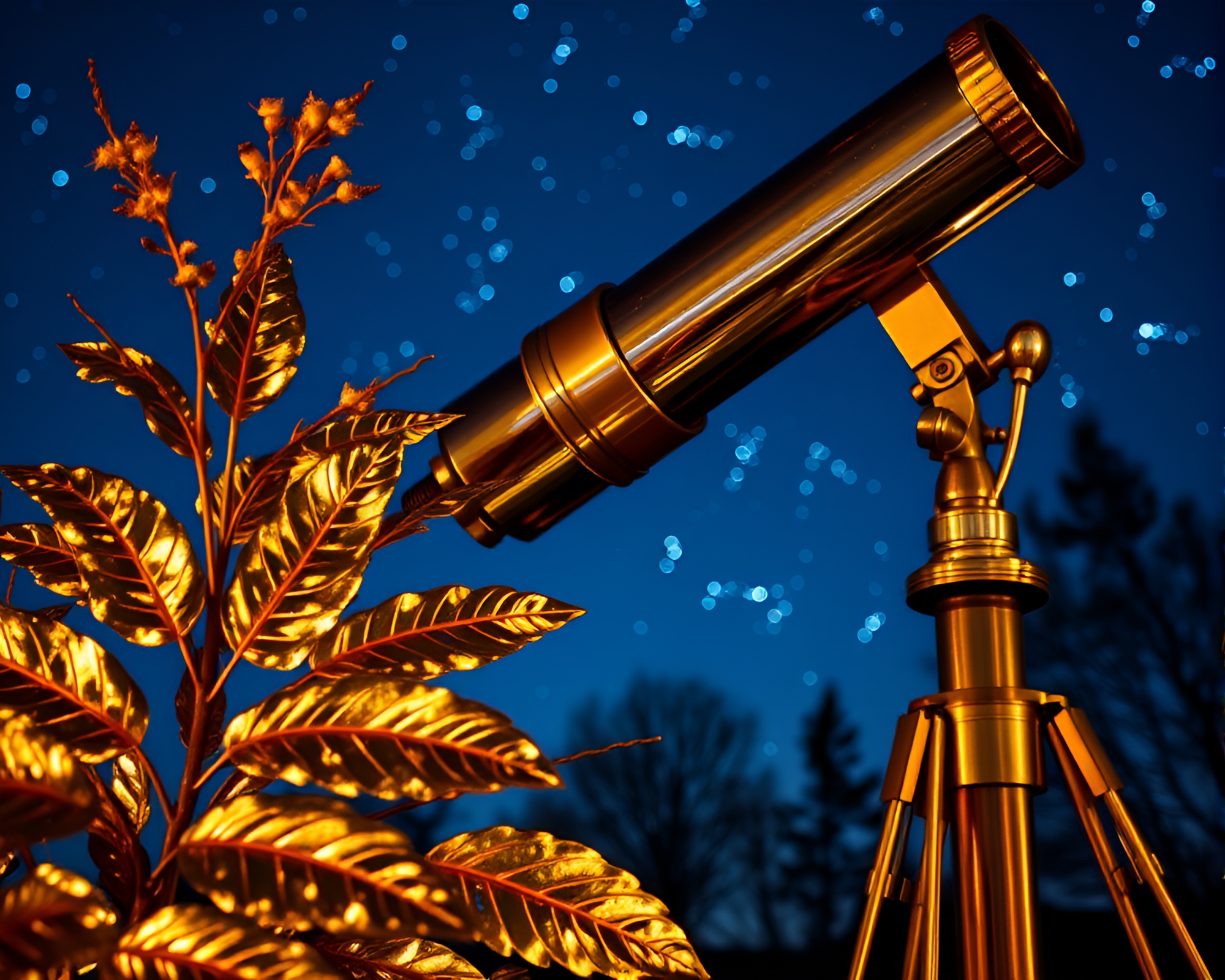Brass Telescope Under Starlit Sky with Silver Leaf Accents – free AI stock image