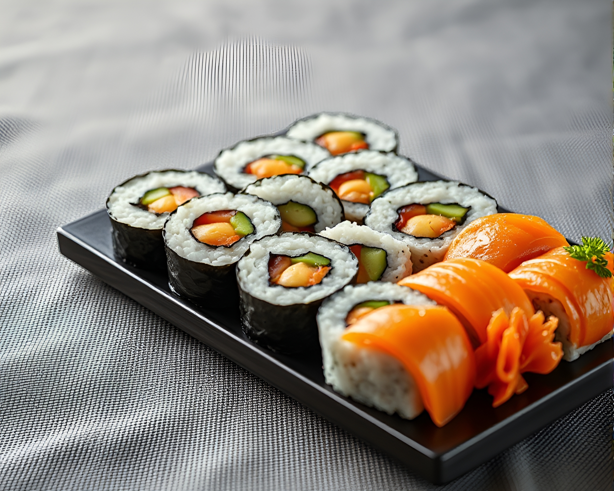 Elegant Sushi Platter with Dynamic Fabric Folds – free AI stock image