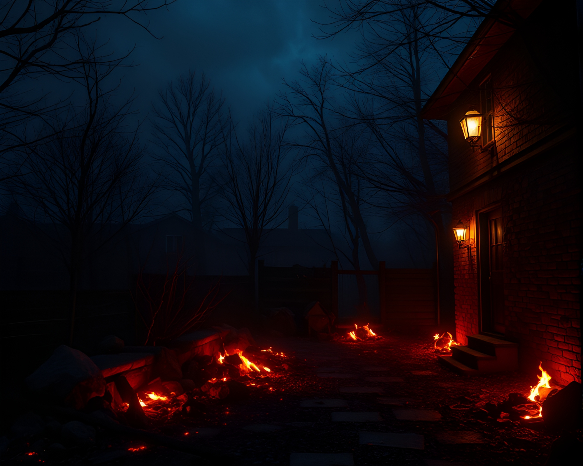 Floating Embers Trumpet Serenade in Blue Hour Basement – free AI stock image
