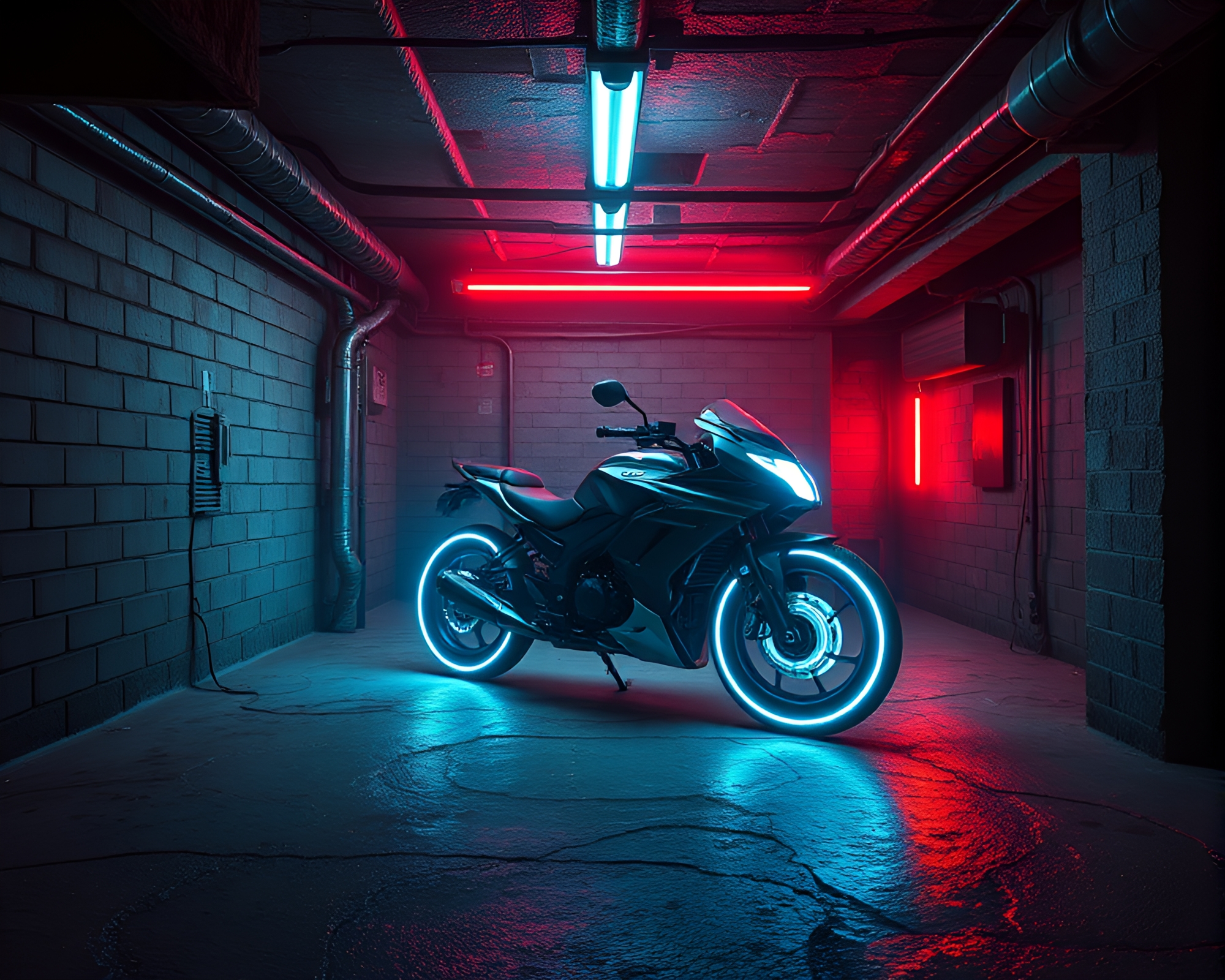 Futuristic Hoverbike in Neon Basement – free AI stock image
