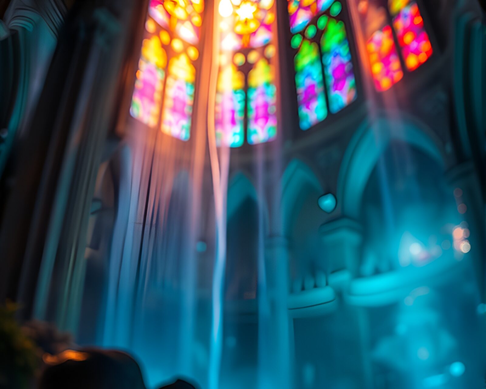 Waterfall surrounded by vibrant holographic lights in cathedral setting