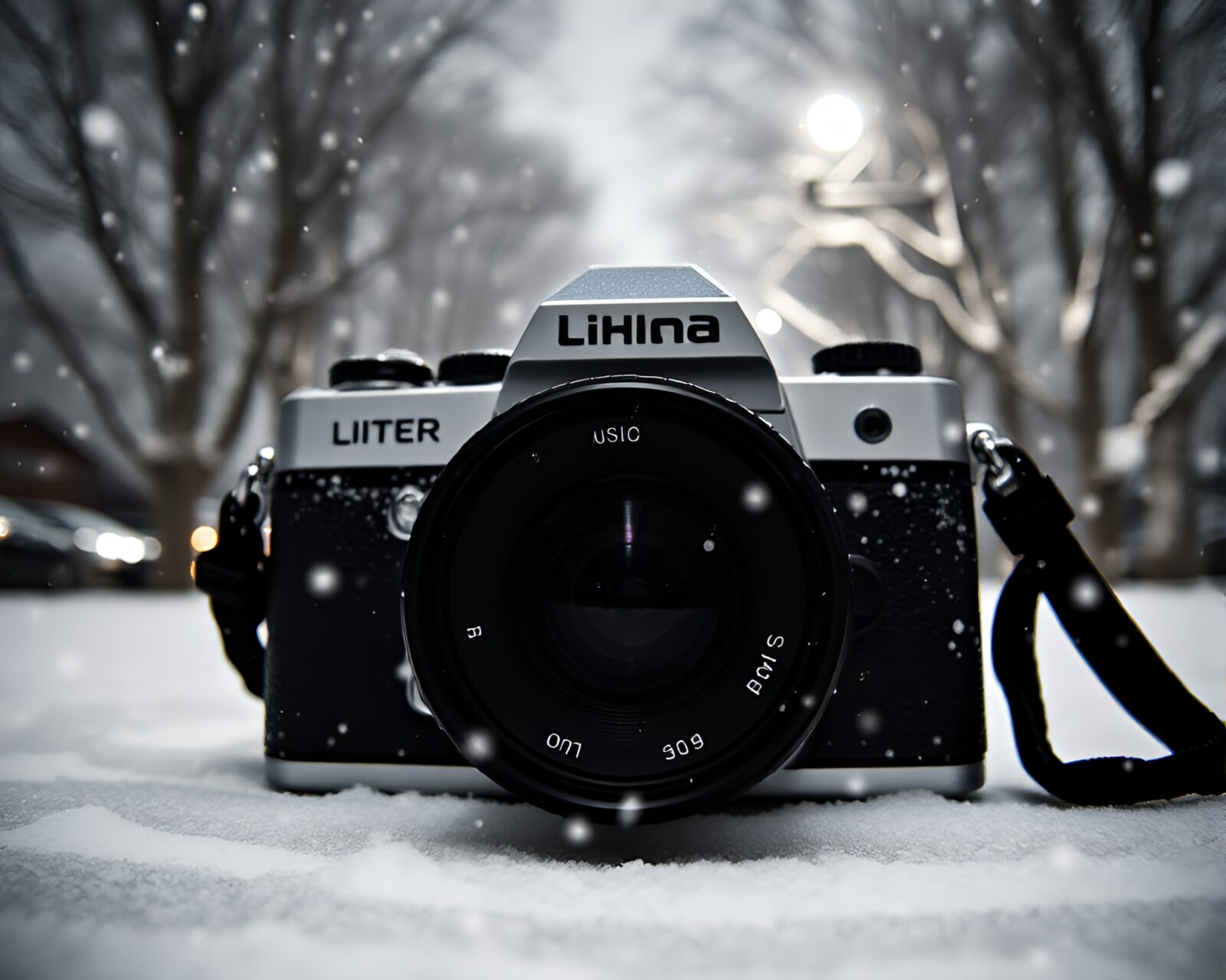 Wide-angle photo of halftone grid camera capturing snowy scene