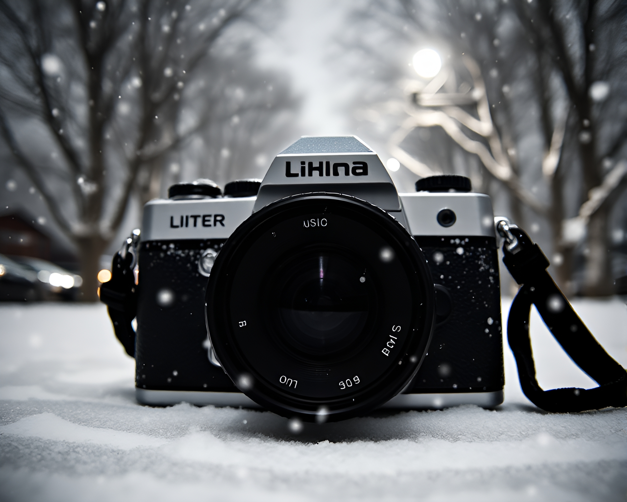 Halftone Camera Capture in Snowy Landscape – free AI stock image