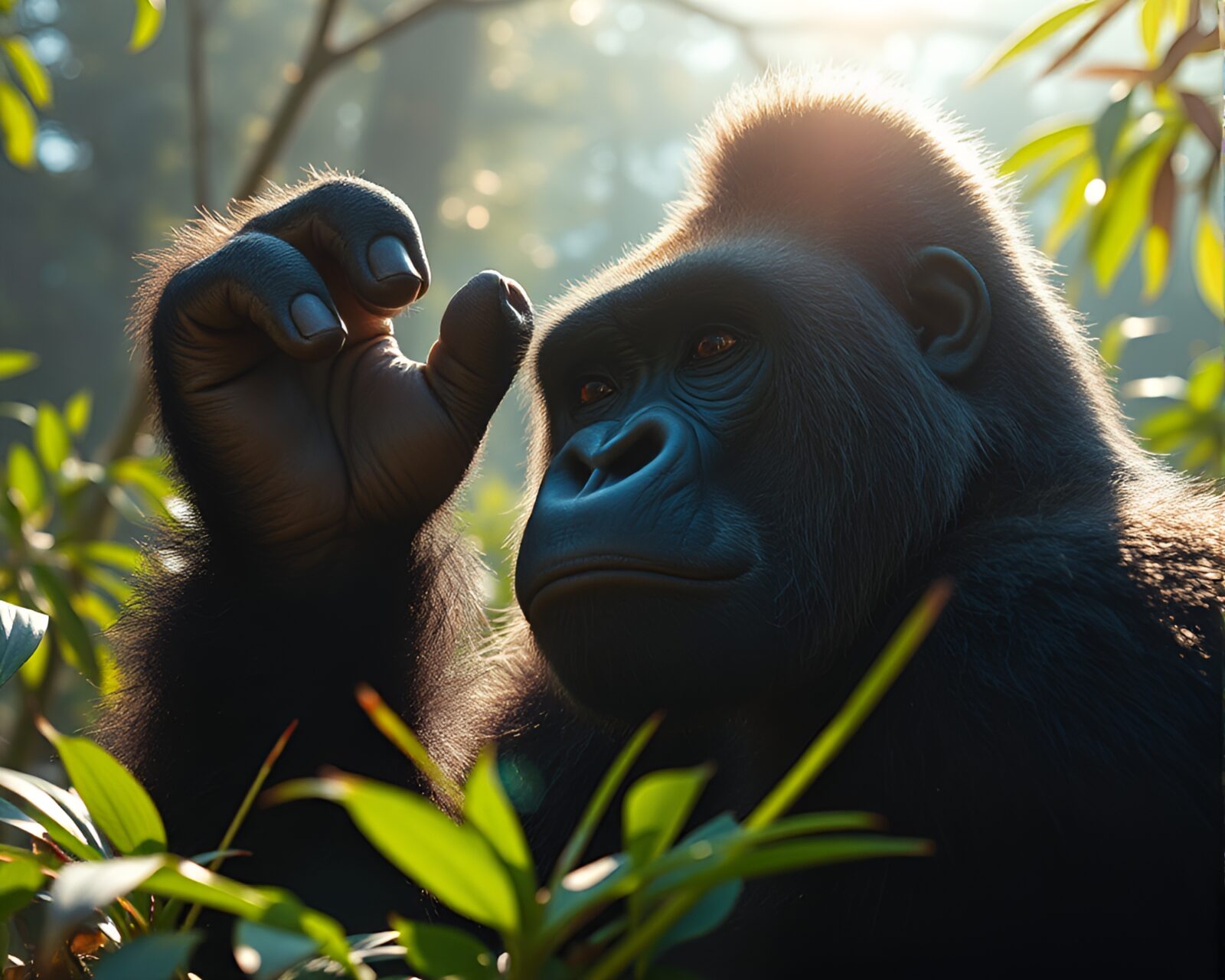 Digitally bloom-lit photogrammetry scene with majestic gorilla