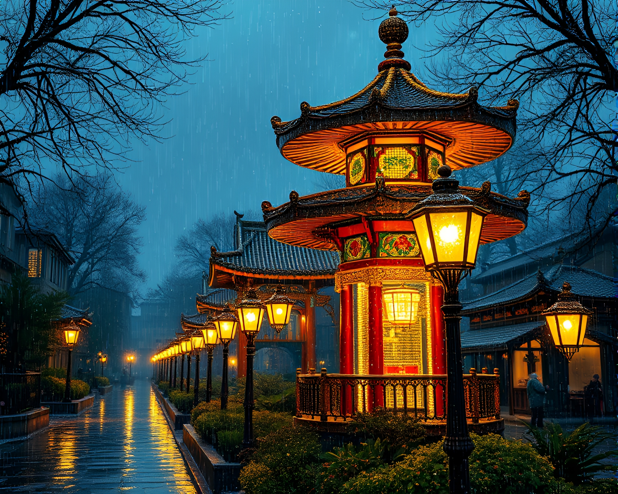 Pagoda Reflections: Streetlamp Glow Through Wet Glass Beads – free AI stock image
