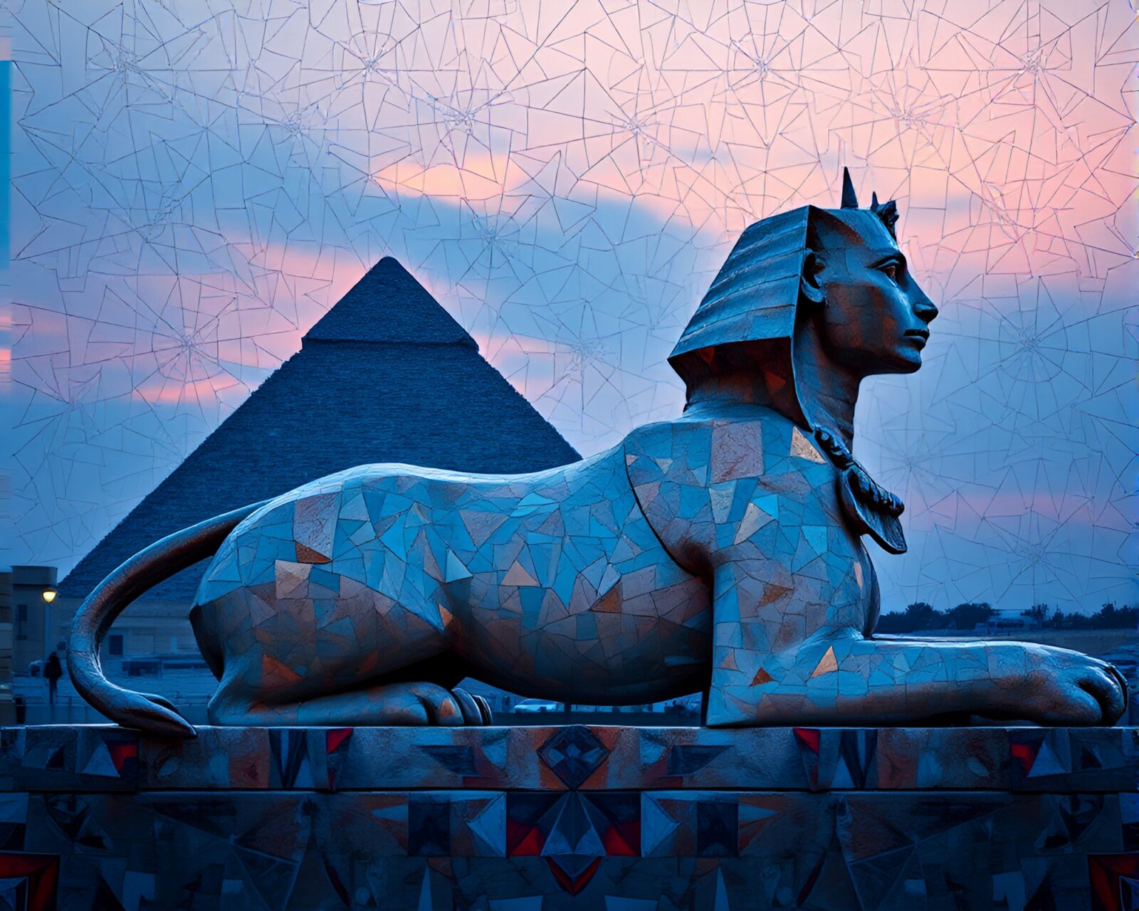 Sphinx statue in mosaic kaleidoscope pattern during twilight