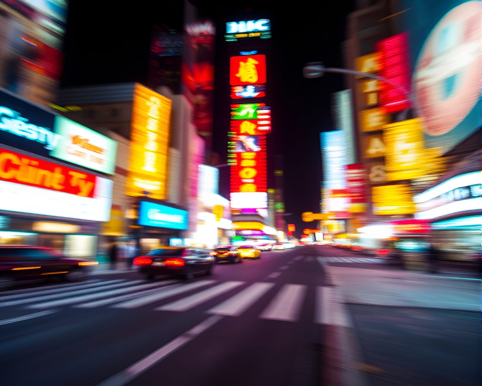 Vivid neon city with cubist style, a trumpeter in motion