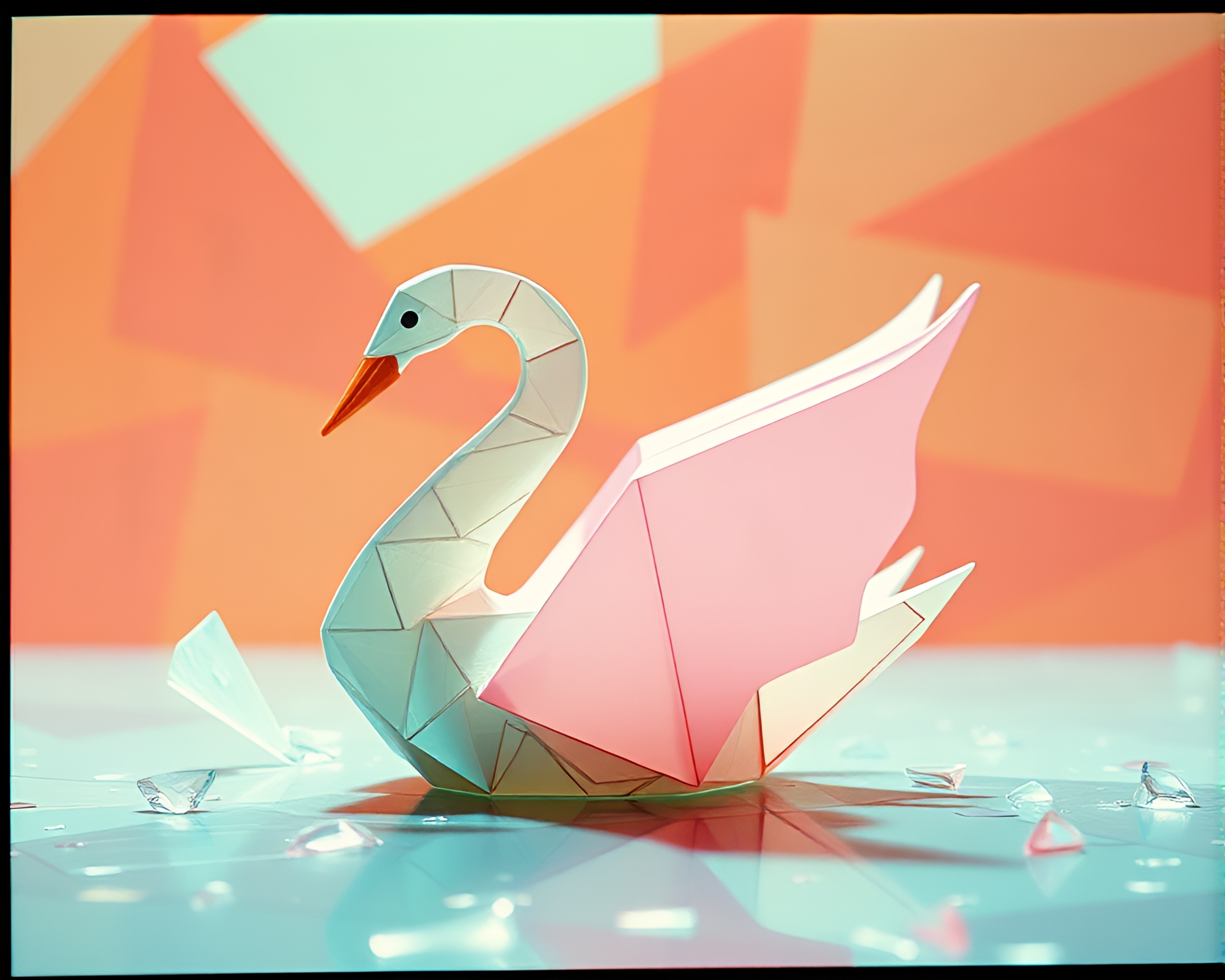 Cubist Origami Swan Amidst Glass Shards VHS Distortion – free AI stock image