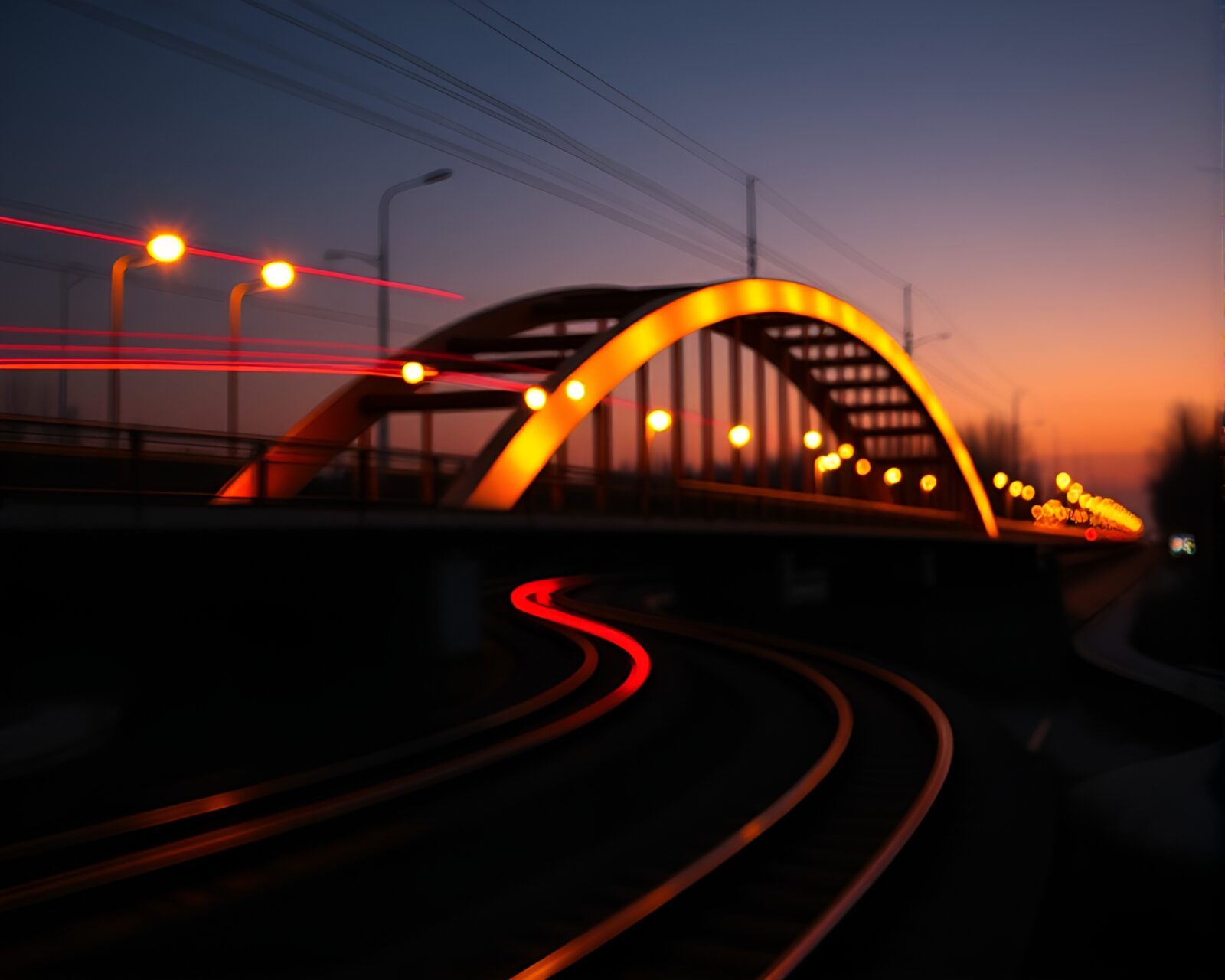 Abstract bronze sheen arch bridge with cubist train light trails