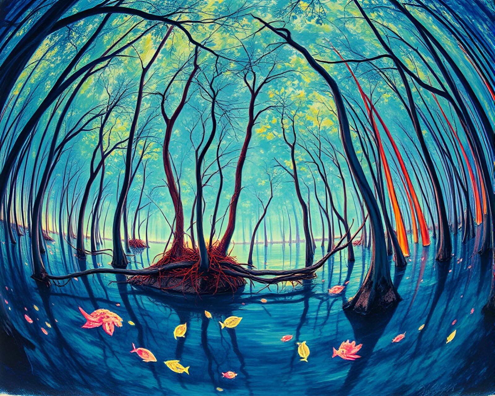 Conté crayon drawing of vibrant mangrove swamp in thermal colors