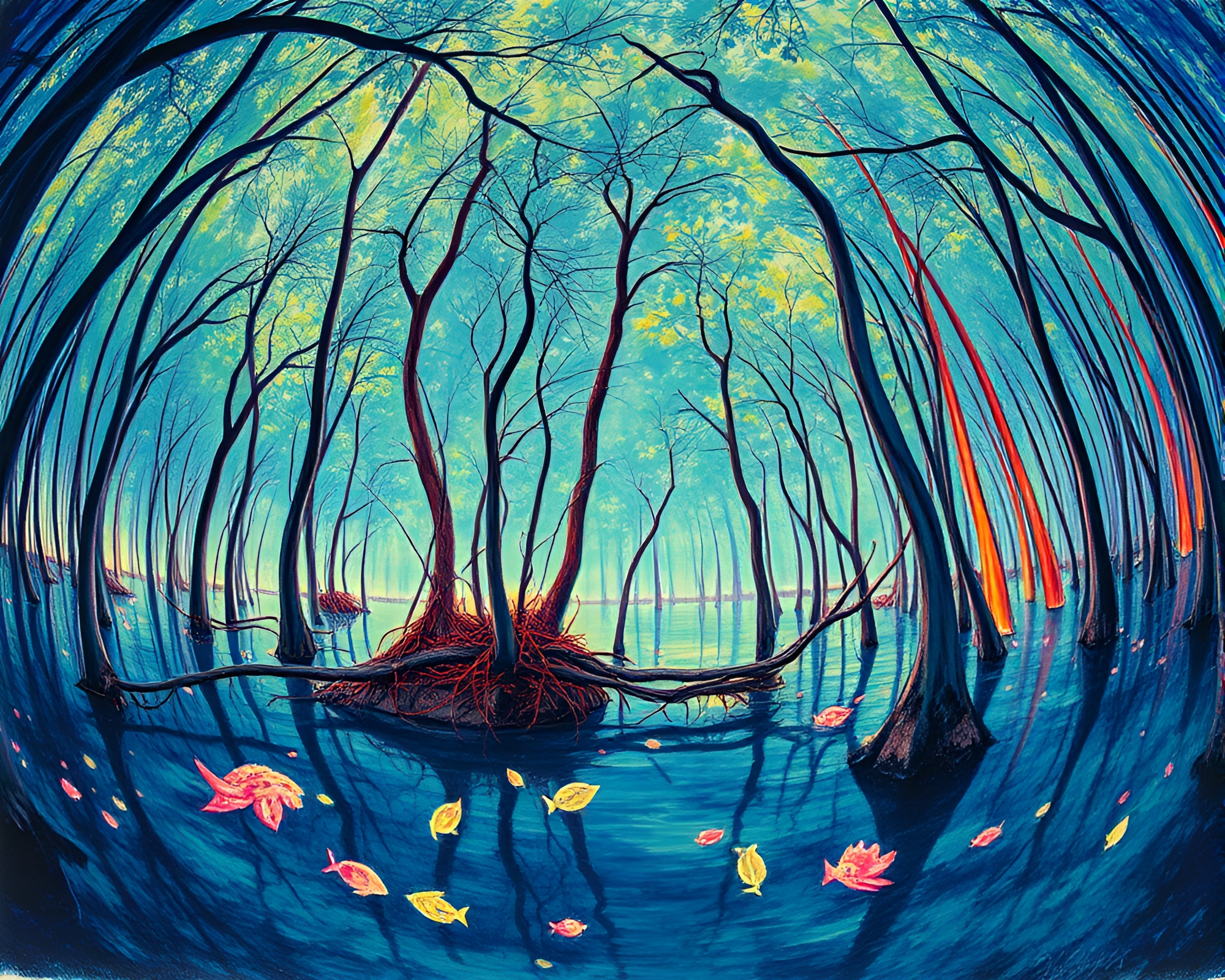 Ethereal Mangrove Swamp in Thermal Vision Fisheye – free AI stock image