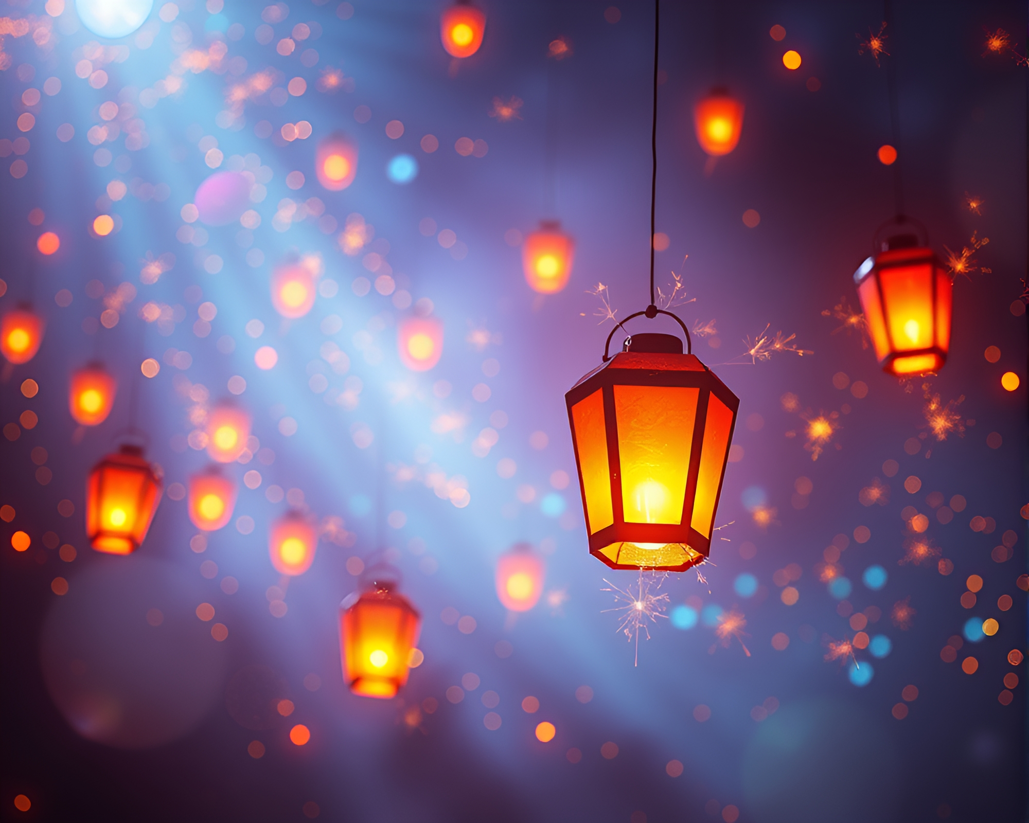 Sorcery Glow: Sparkler Trails and Floating Lanterns Fantasy – free AI stock image