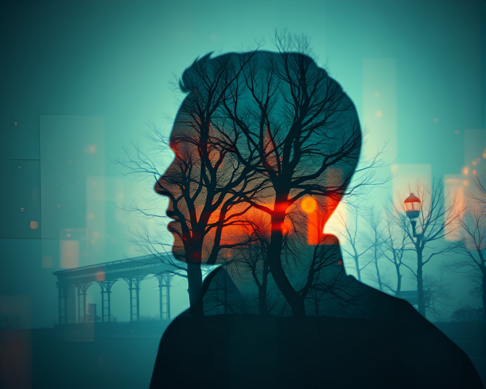 Washed-out double exposure portrait in mind palace setting