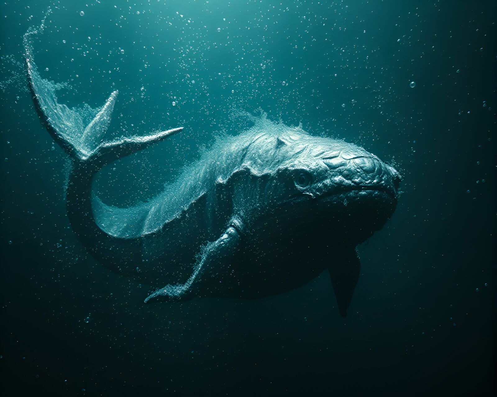 Enigmatic sea creature surrounded by floating oil-rich particles