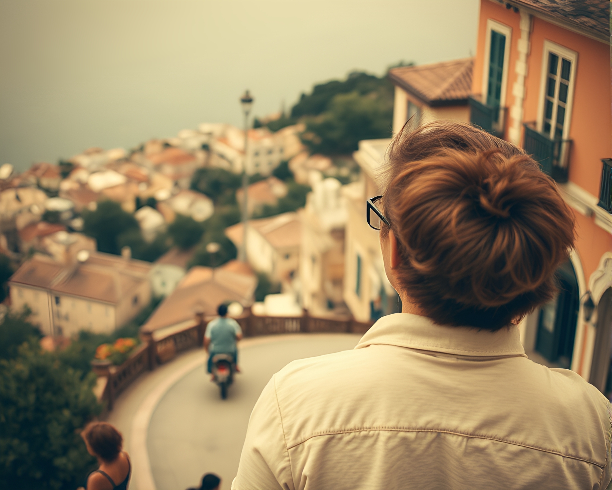 Time Traveler’s Perspective: High-Angle Sepia Encounter – free AI stock image