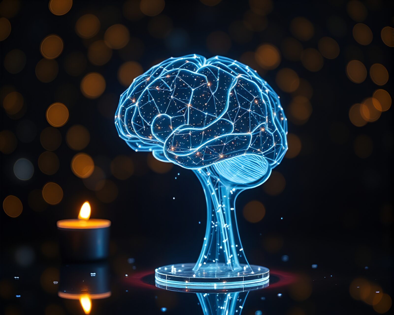 Abstract futuristic hologram specks surrounding glowing AI brain.
