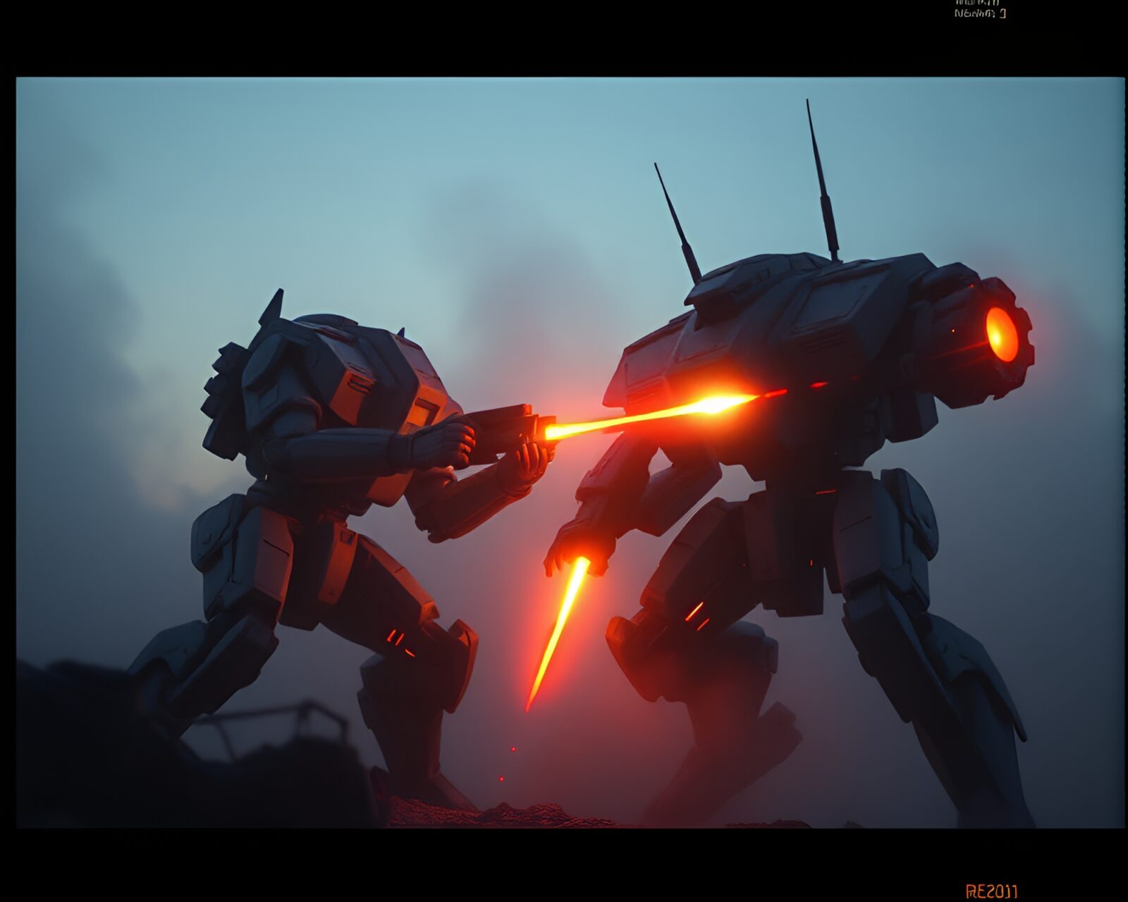 Futuristic mech warrior amidst distorted glass in twilight ambiance