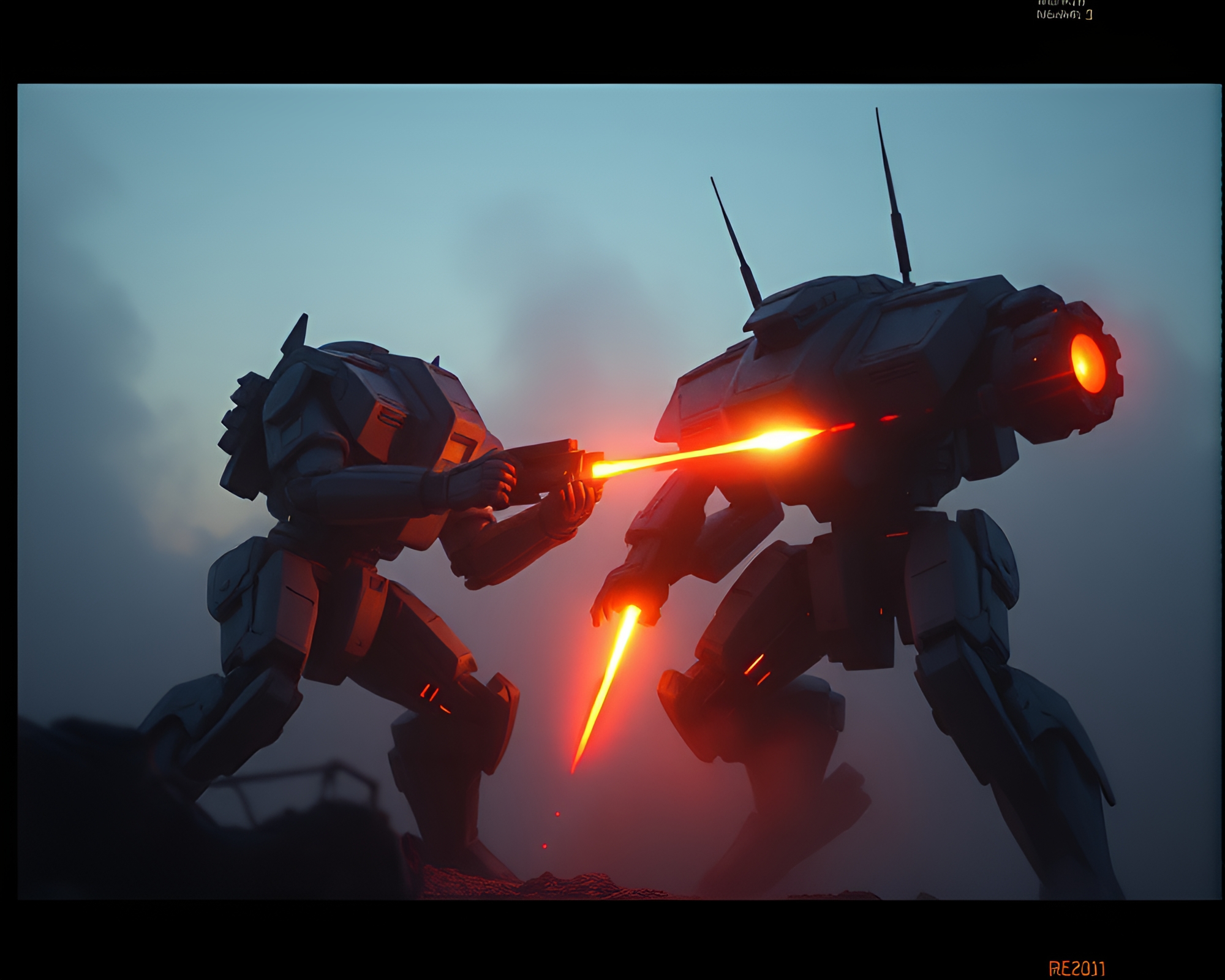 Digital Twilight Battle Mech in Glass Distortion Film – free AI stock image