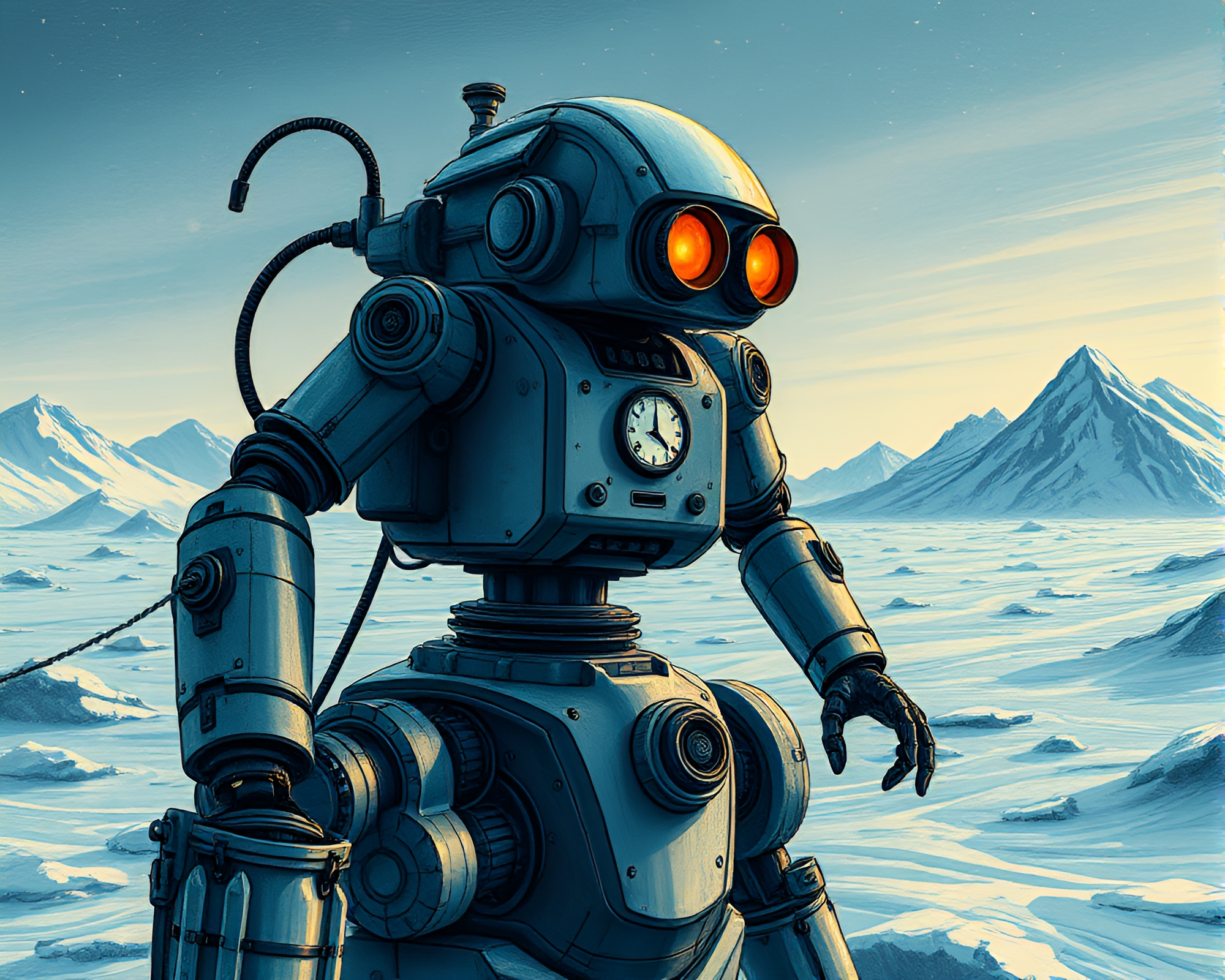 Steampunk Robot Lost in Antarctic Whiteout Pointillism – free AI stock image