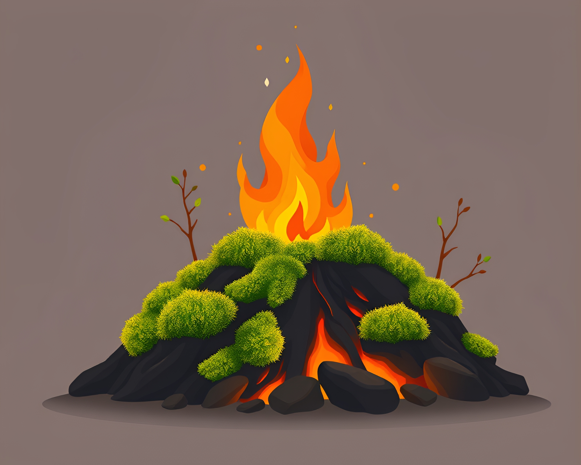 Volcanic Moss Growth: Fireplace Flicker – free AI stock image