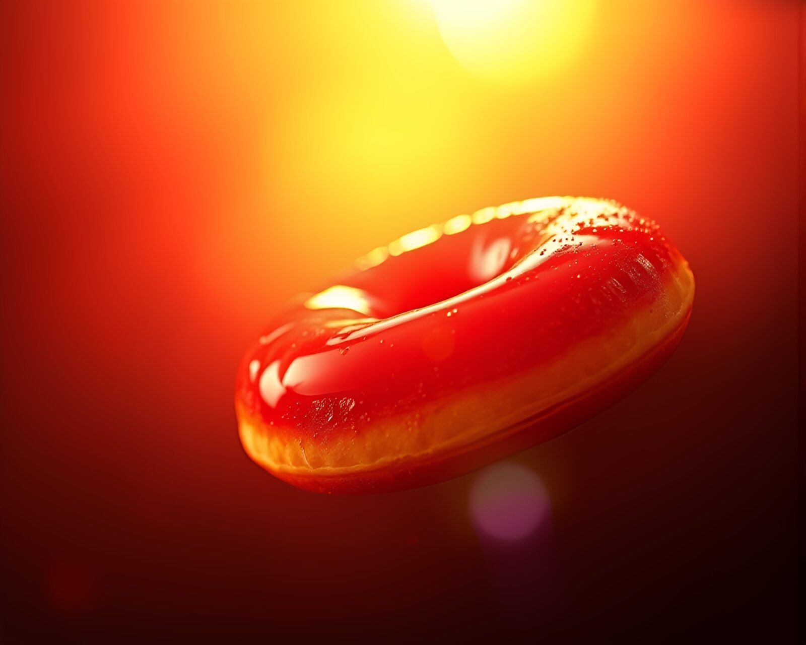 Silhouetted jelly doughnut against digital bloom background with rust stain streaks