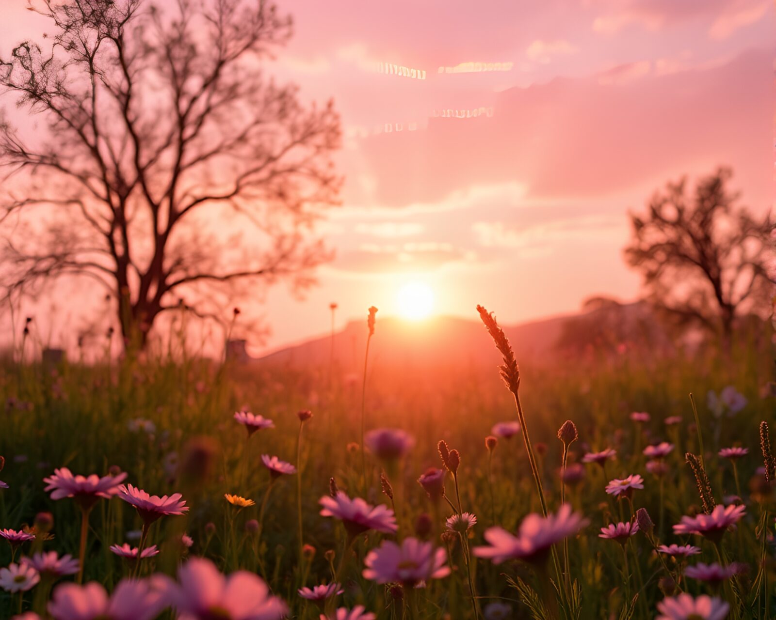 Fantastical image of prisms refracting sunrise light on a floral utopia