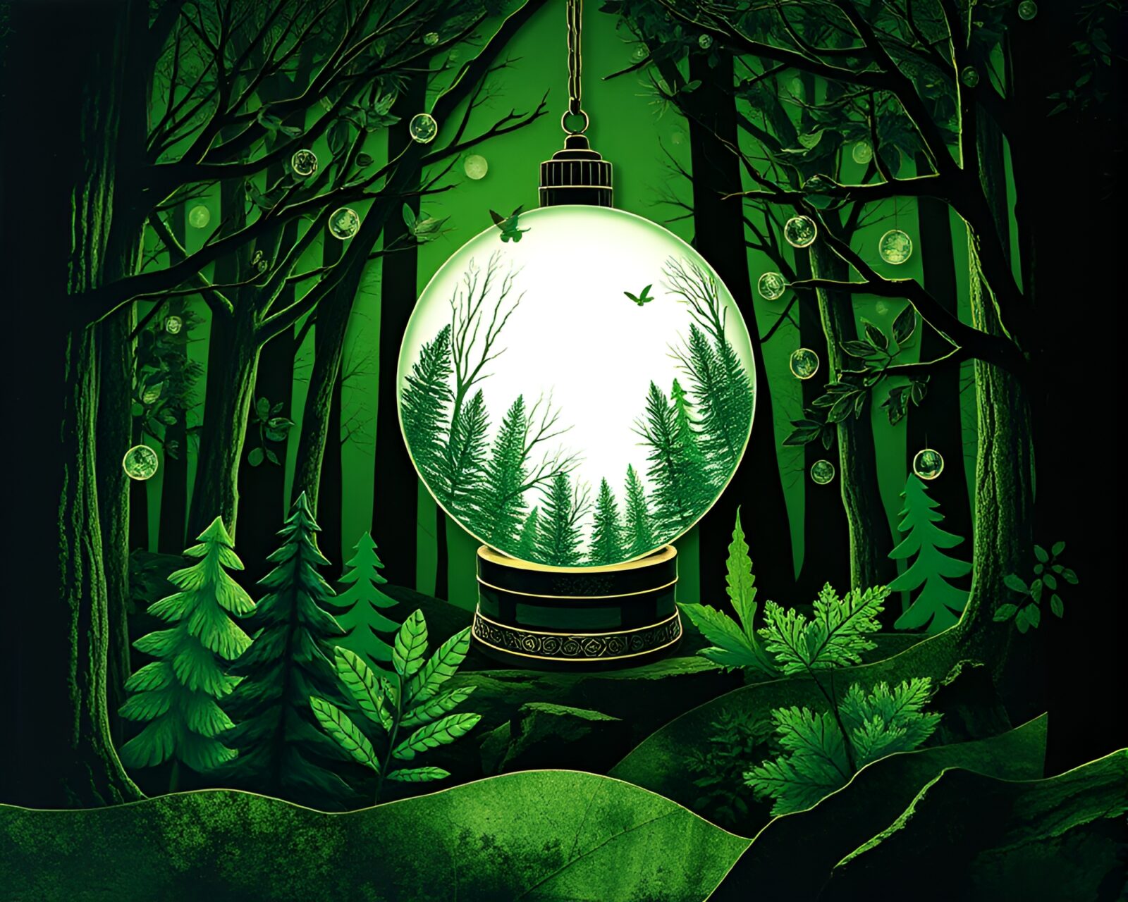 Enchanting green forest scene with mystical glass orb collage