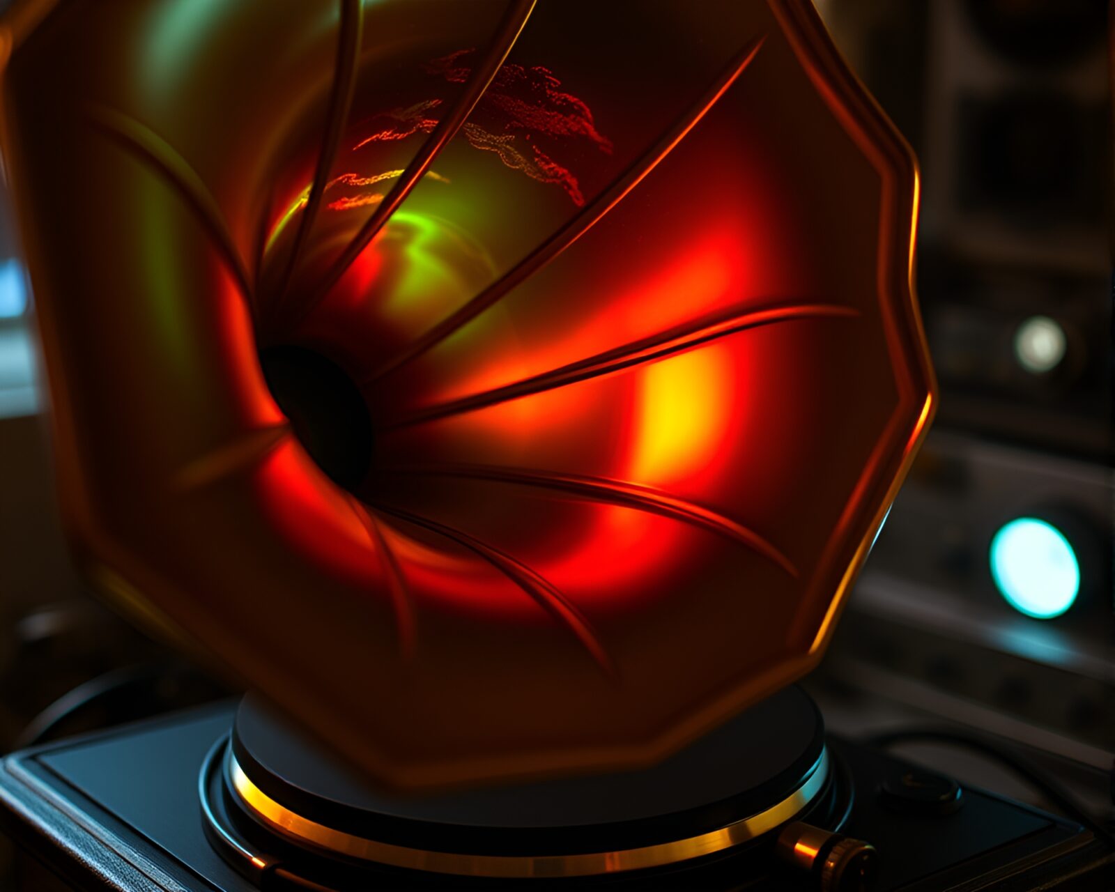 Close-up shot of a rainbow-lit steampunk gramophone