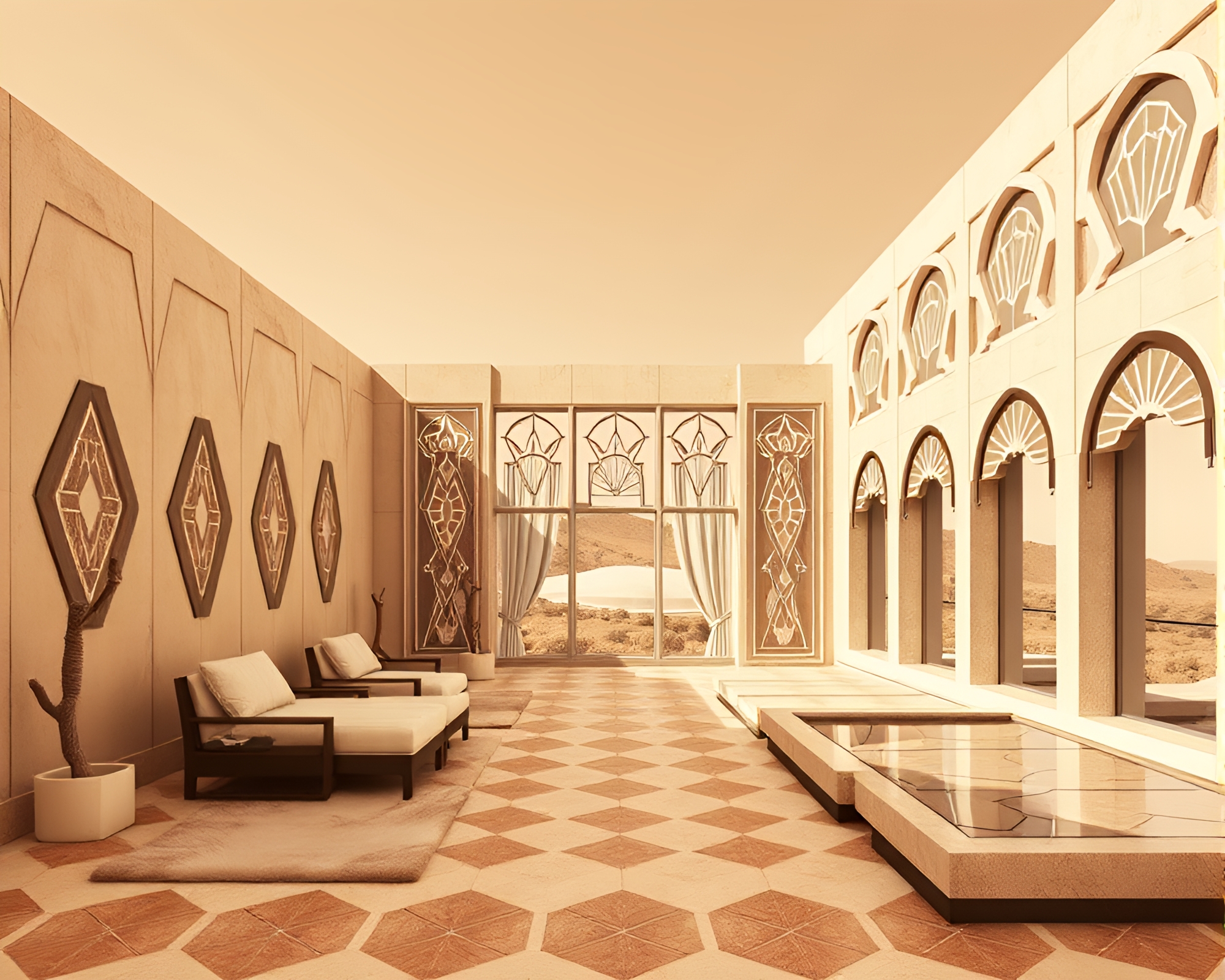 Art Deco Hotel Oasis: Desert Duotone Geometry – free AI stock image