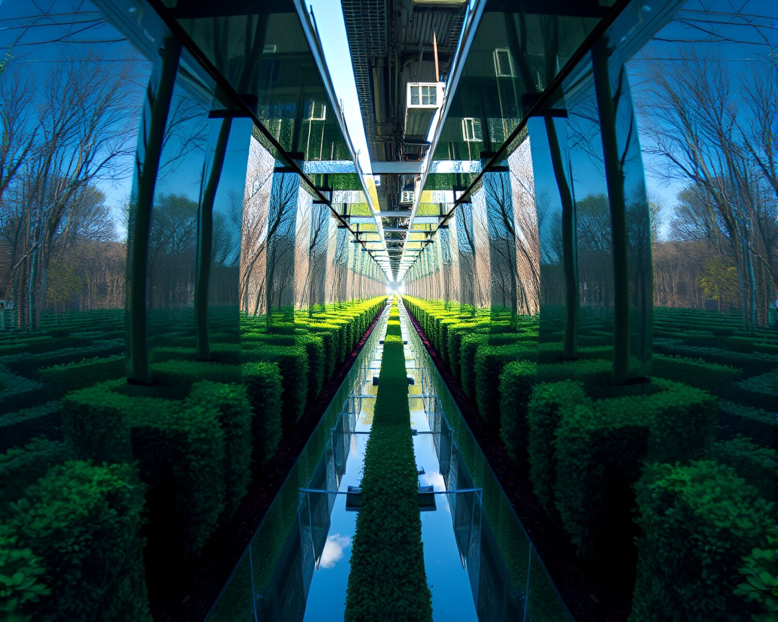 Colorful cartoon characters in a surreal mirror maze