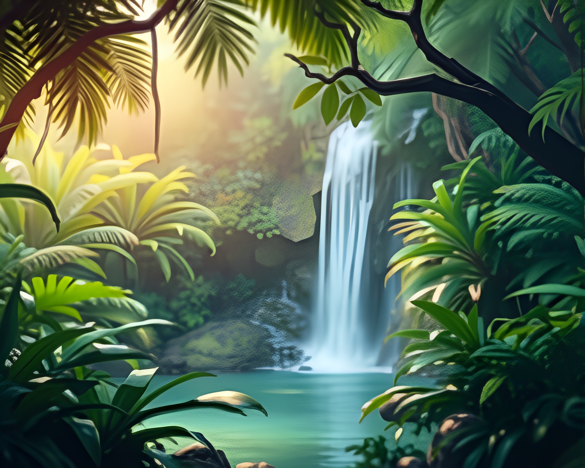 Tropical Waterfall in Jungle Canopy Shade – free AI stock image
