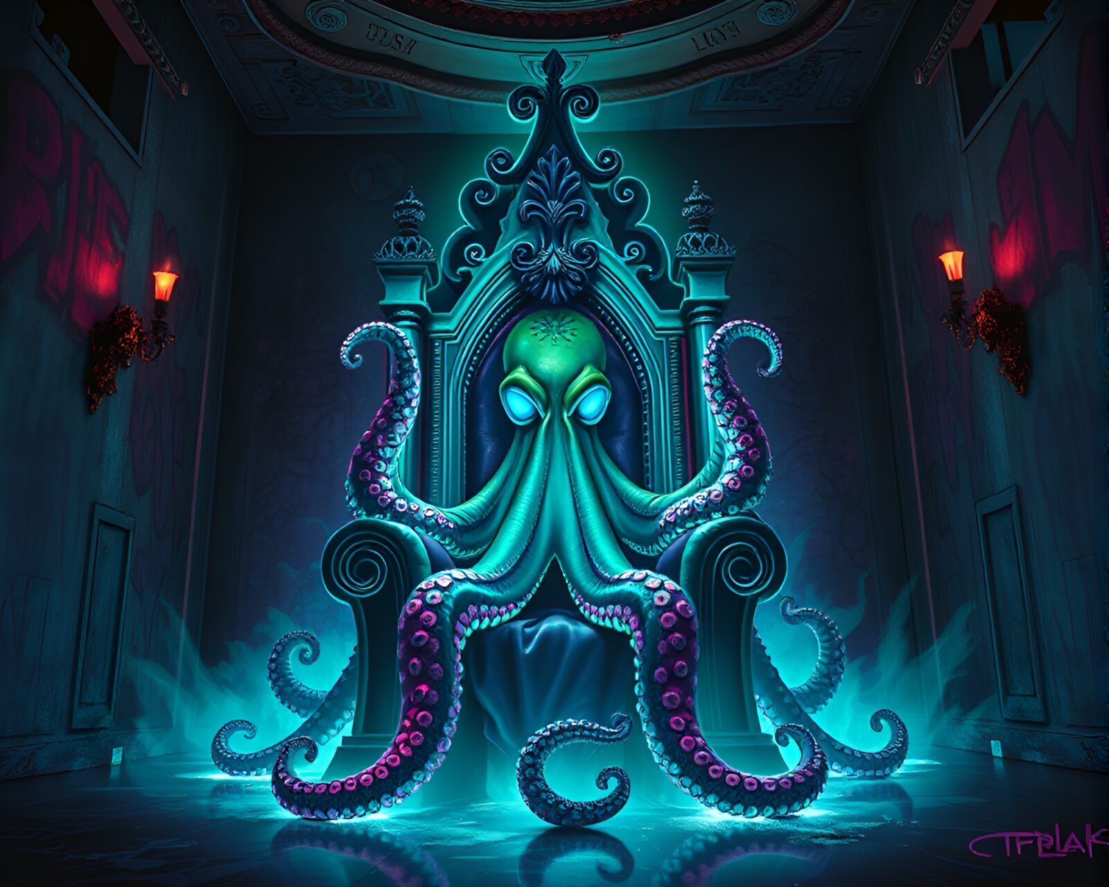 Majestic octopus on graffiti throne surrounded by vibrant lights