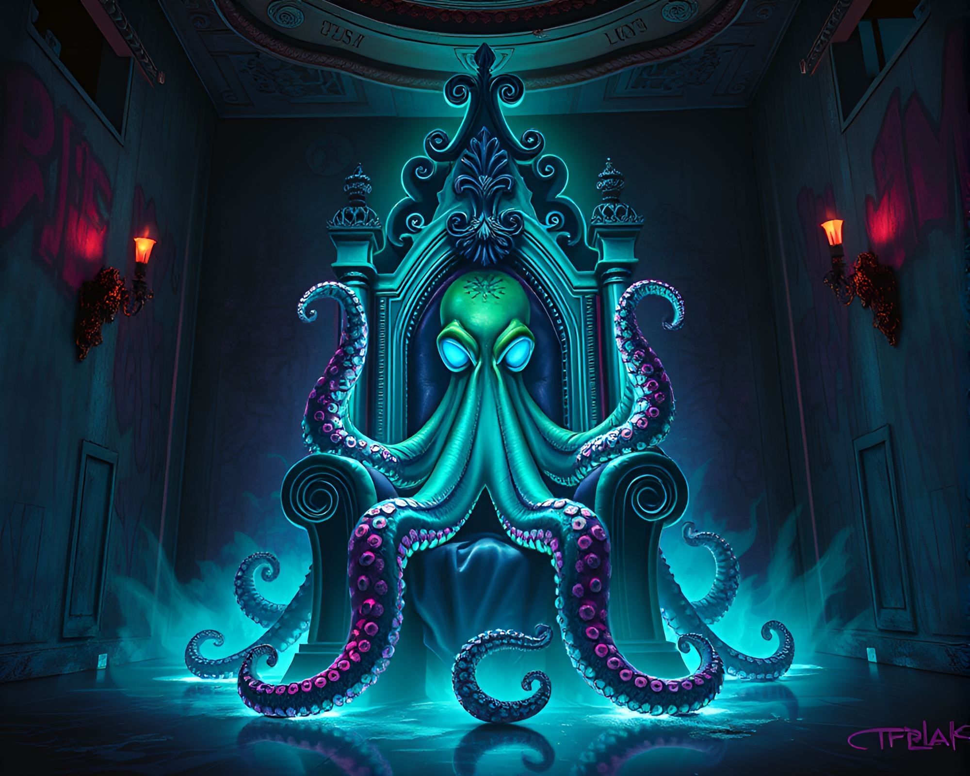 Glowing Octopus King in Graffiti Throne Room – free AI stock image