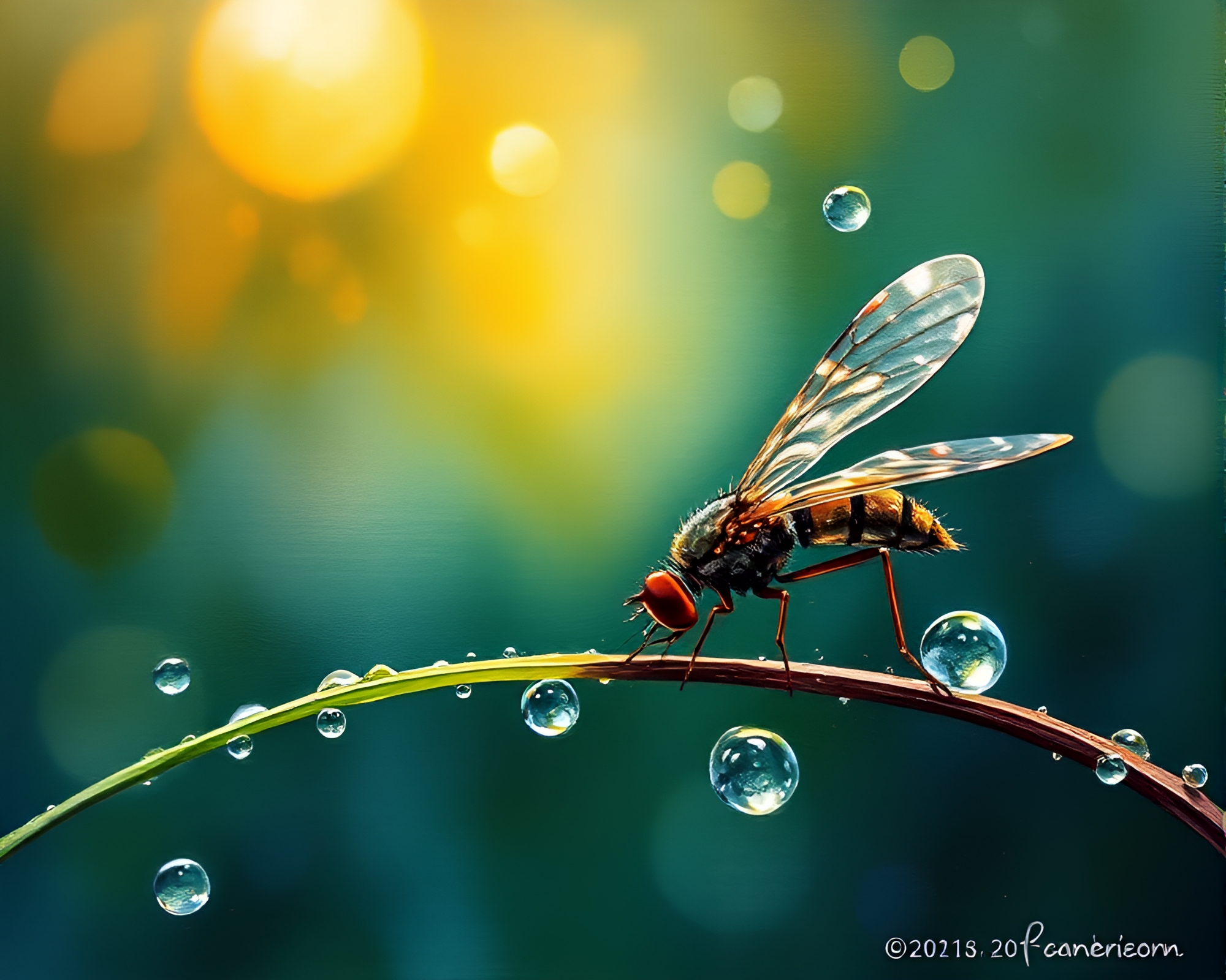 Dew Drops on Firefly Watercolor Wildlife Painting – free AI stock image