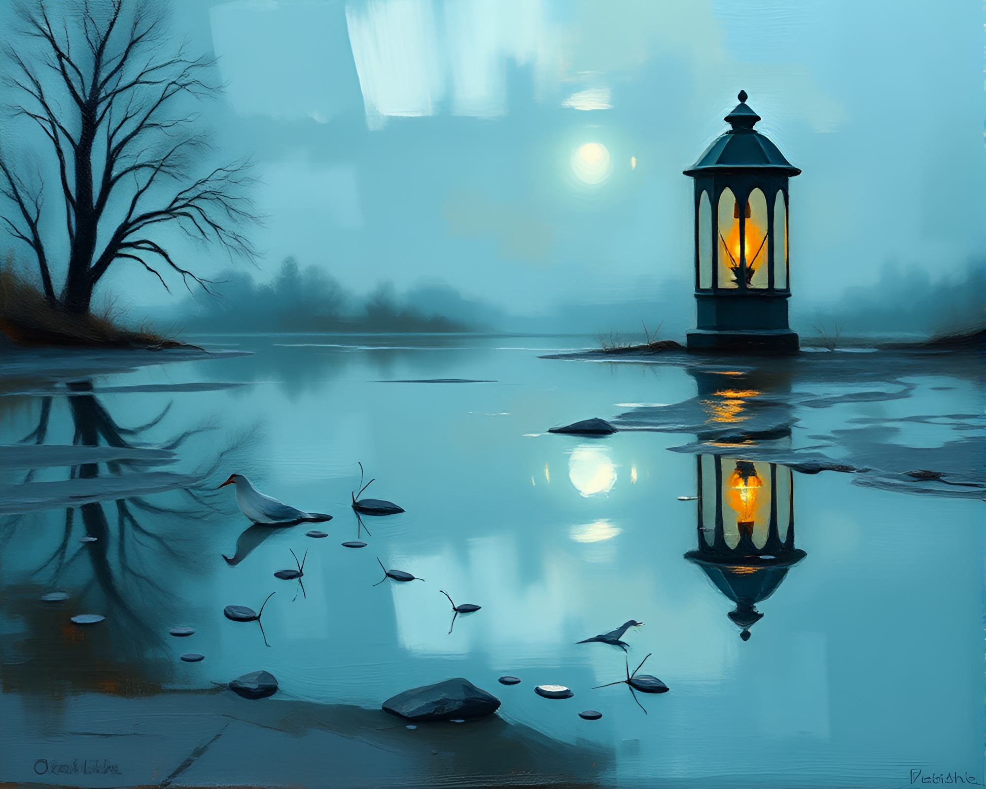 Tranquil Puddle Reflection with Oil Lantern Glow – free AI stock image