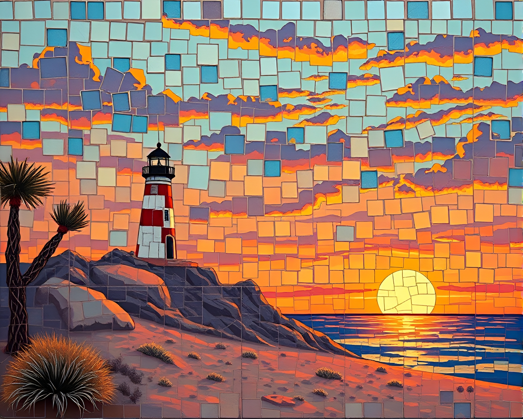 Fantasy Lighthouse Mosaic under Desert Sunset Sky – free AI stock image