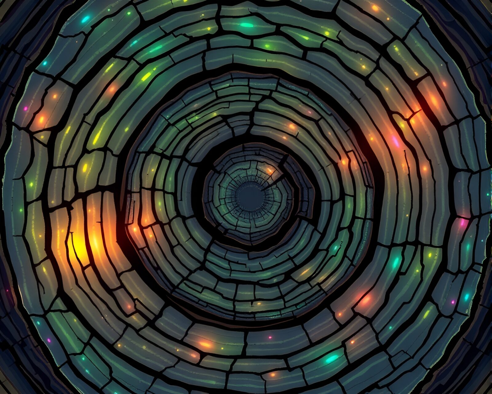 Pixelated greenhouse with colorful, shimmering tree ring patterns