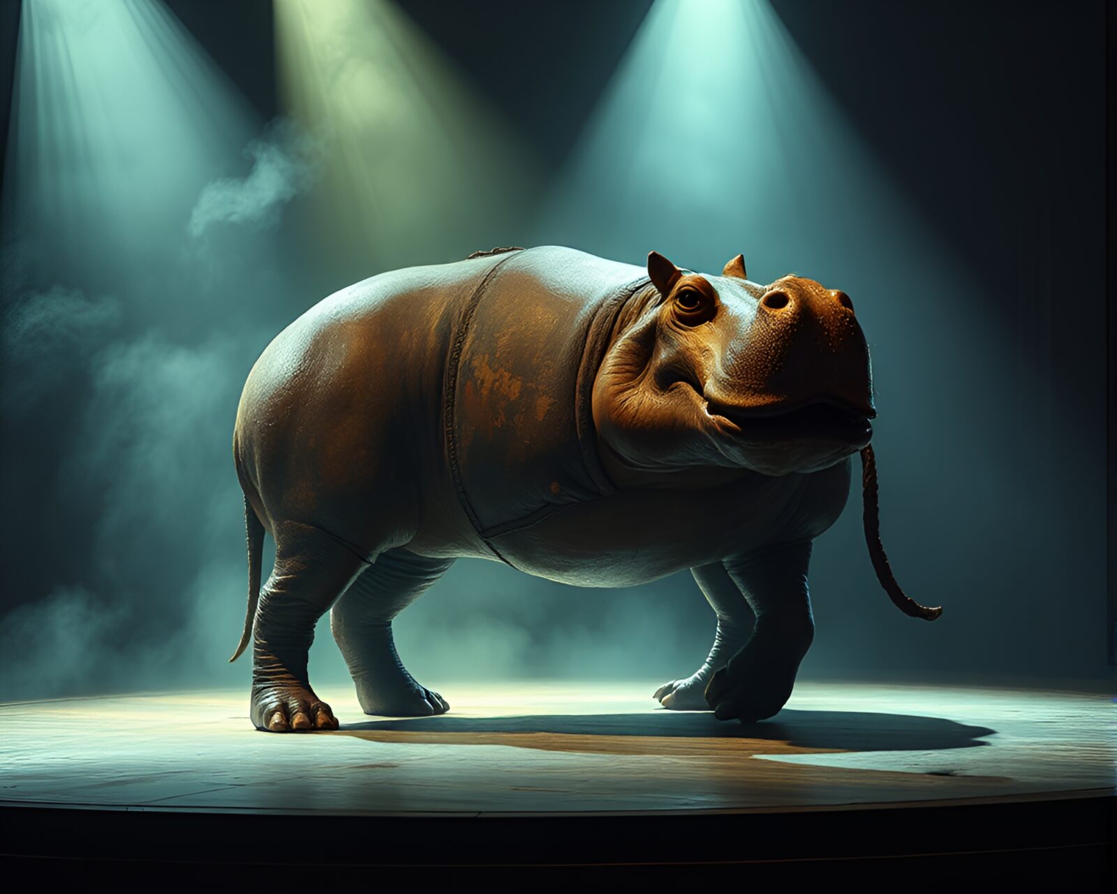 Eerie spotlight illuminating rust-covered hippo in dystopian setting